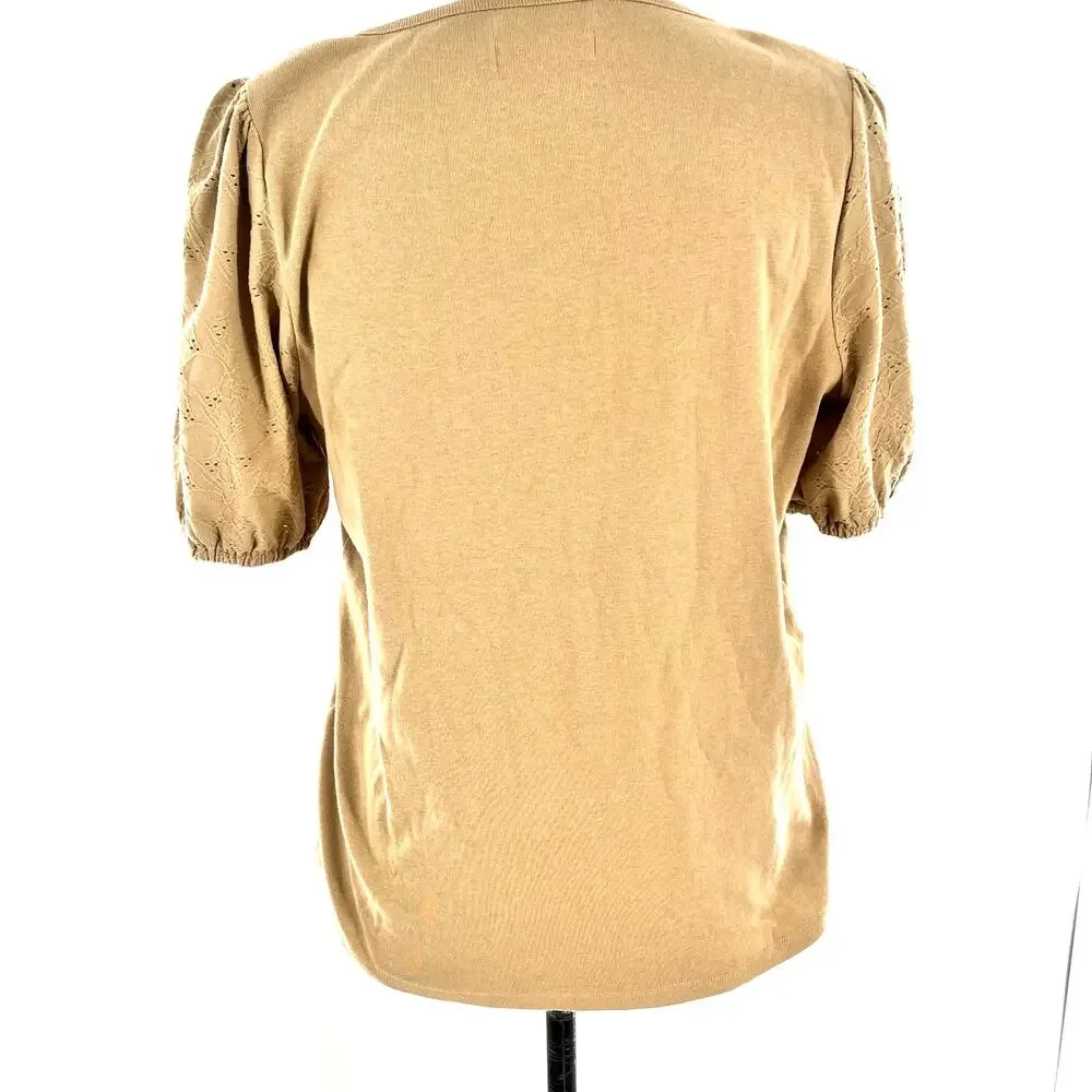 women's Madewell Lg eyelet puff sleeve tan henley tee shirt scoop neck  khaki